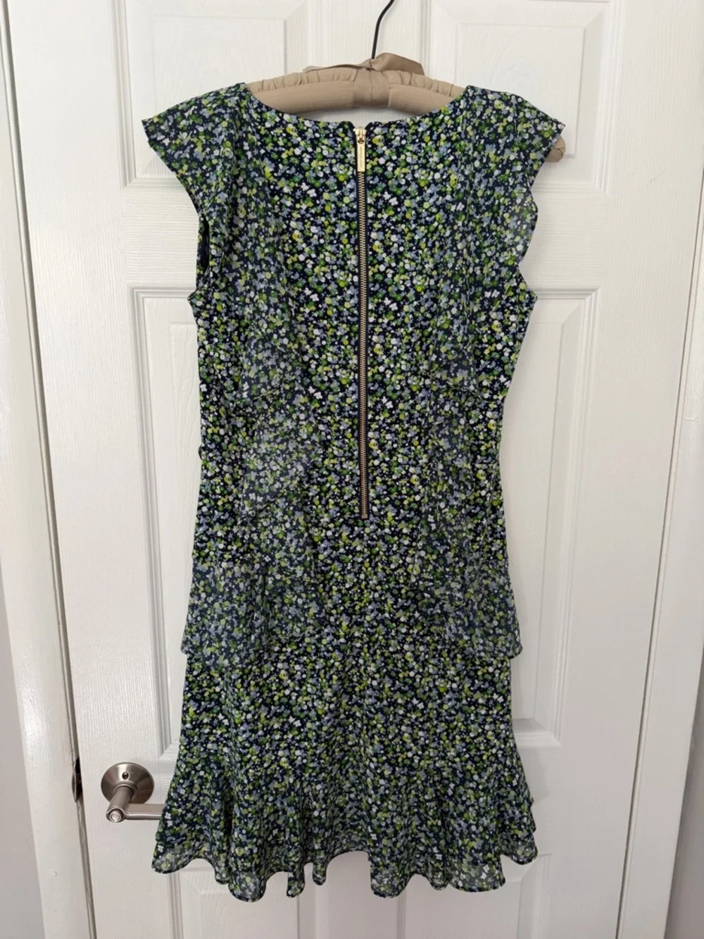 Michael Kors Navy, Green and White Floral V‑Neck Ruffle Mini Dress